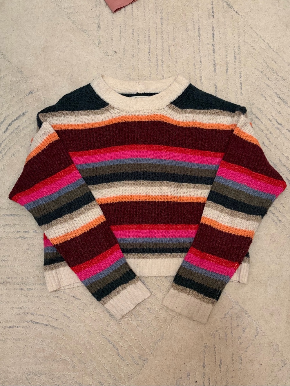 American Eagle Striped Multicolor Crewneck Sweater - Pink, Burgundy Green Blue